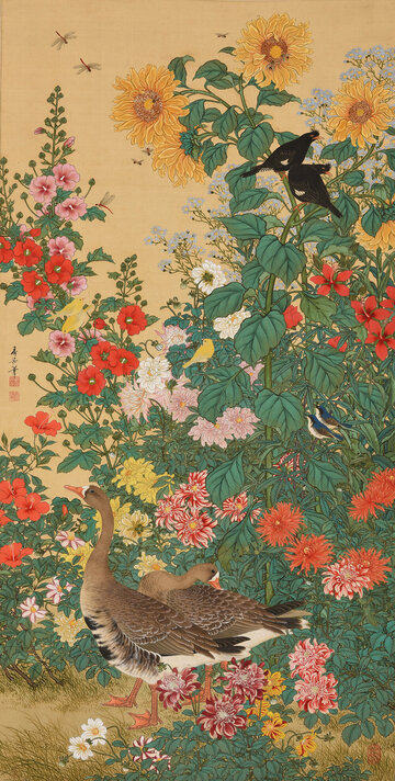 西村秀岳《百花虫鳥之図》個人蔵
